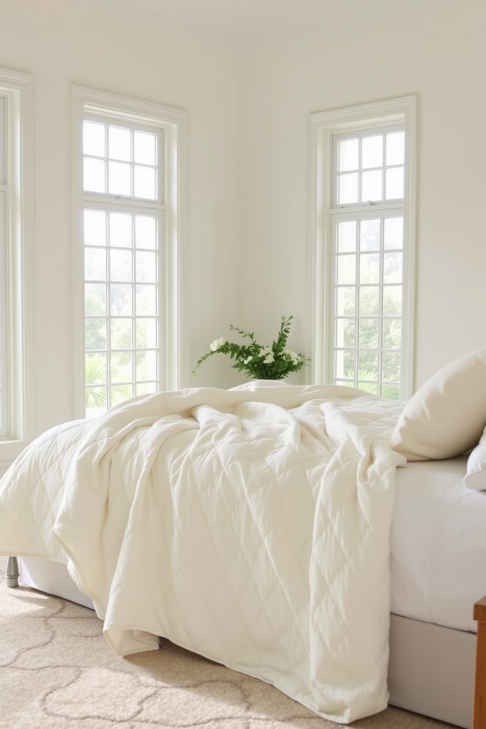 A serene bedroom setting featuring a light quilt draped elegantly over a plush bed. The walls are painted in a soft pastel hue, and large windows allow natural light to fill the space, enhancing the fresh and airy ambiance.