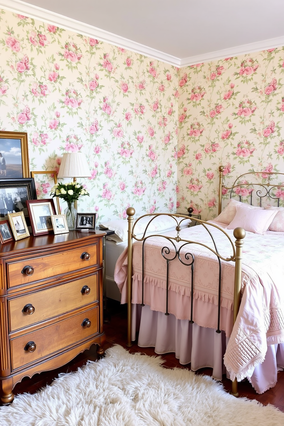 A charming spring bedroom featuring vintage decor elements. The walls are adorned with floral wallpaper in soft pastel colors, and a vintage wrought iron bed is dressed with a quilt in coordinating hues. An antique wooden dresser sits against one wall, topped with a collection of framed family photos and a delicate vase of fresh flowers. The floor is covered with a plush area rug, adding warmth and comfort to the space.