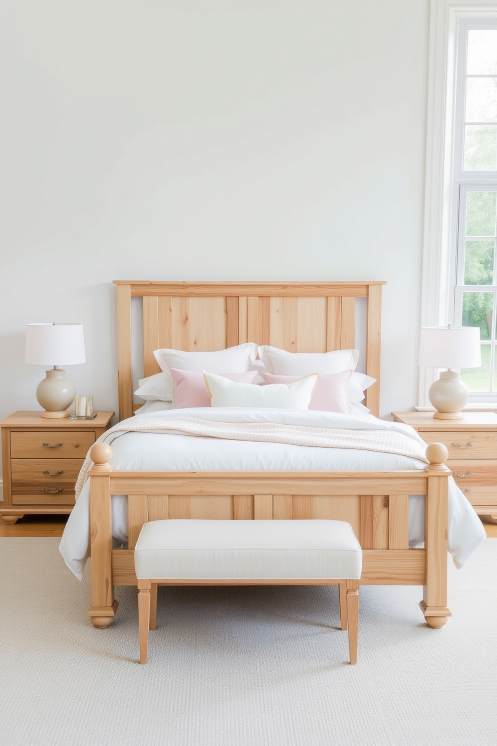 A serene bedroom setting featuring light wood furniture with a natural finish. The bed is adorned with soft pastel linens and fluffy pillows, creating a cozy and inviting atmosphere. A pair of light wood nightstands flanks the bed, each topped with stylish lamps that emit a warm glow. The walls are painted in a soft white, and a large window allows natural light to flood the room, enhancing the fresh spring decor.