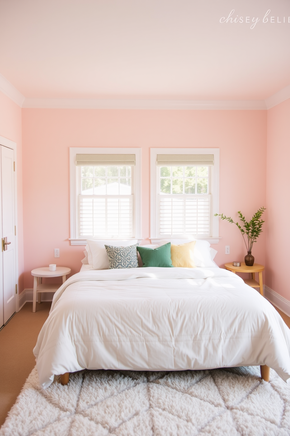 A serene bedroom atmosphere filled with natural light. The walls are painted in a soft pastel hue, and a cozy bed with plush bedding is the focal point of the room. A soft area rug is placed underfoot, adding warmth and texture to the space. Decorative pillows in complementary colors adorn the bed, enhancing the inviting feel of the room.