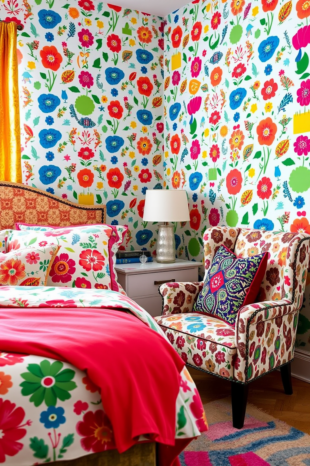 A vibrant bedroom filled with playful patterns and colors. The bedding features a mix of floral and geometric designs, creating a lively atmosphere. The walls are adorned with whimsical wallpaper showcasing bright colors and bold shapes. A cozy reading nook with a patterned armchair and colorful throw pillows invites relaxation and creativity.