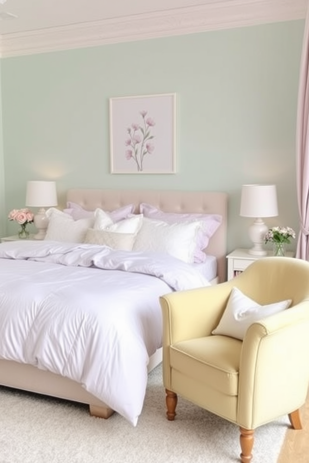 A serene bedroom setting adorned with a pastel color palette featuring soft pinks, blues, and greens. The walls are painted in a gentle mint shade, while the bedding includes a light lavender duvet and fluffy white pillows. A cozy seating area is created with a plush armchair in a pale yellow hue and a small side table. Delicate floral artwork hangs above the bed, complementing the overall spring theme and adding a touch of freshness to the space.