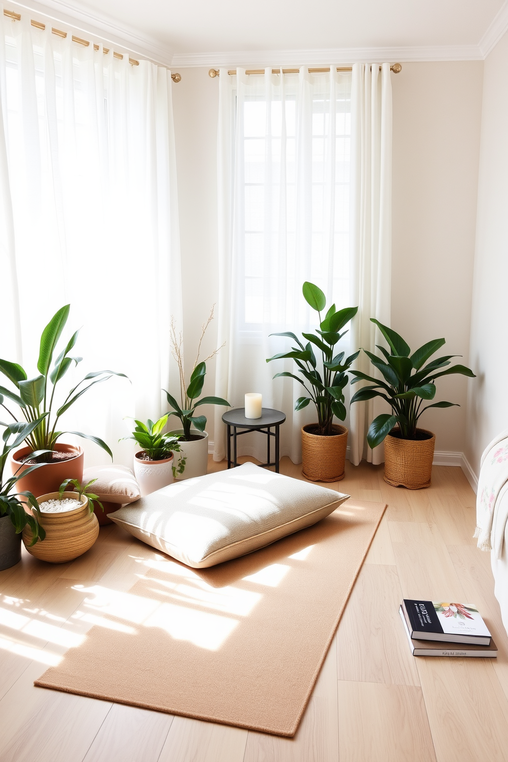 Create a serene meditation corner filled with soft natural light. There is a plush yoga mat in calming earth tones placed on a light wood floor surrounded by potted plants. In the corner, a comfortable floor cushion invites relaxation and mindfulness. A small side table holds a scented candle and a stack of inspirational books to enhance the tranquil atmosphere. For Spring bedroom decorating ideas, use a fresh color palette featuring soft pastels and floral patterns. Light, airy curtains frame the windows, allowing gentle breezes to flow through the room.