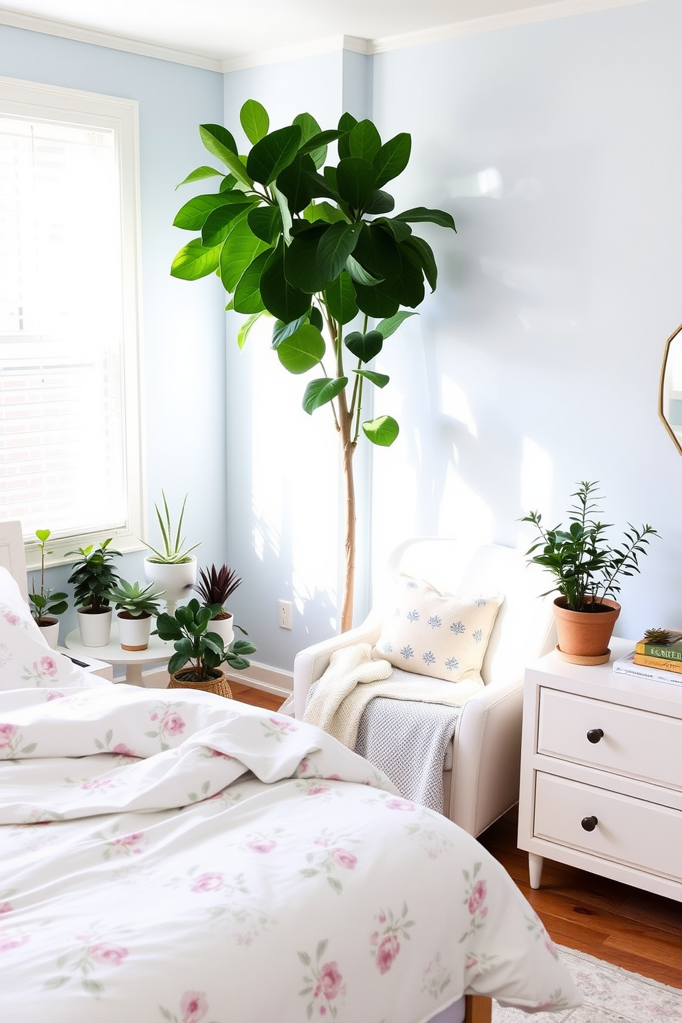 A serene spring bedroom setting filled with natural light. The room features a soft pastel color palette with a light blue accent wall and white bedding adorned with floral patterns. In one corner, a collection of potted plants adds a touch of greenery, including a tall fiddle leaf fig and smaller succulents on the nightstand. A cozy reading nook by the window includes a comfortable armchair and a small side table, creating an inviting space to relax.