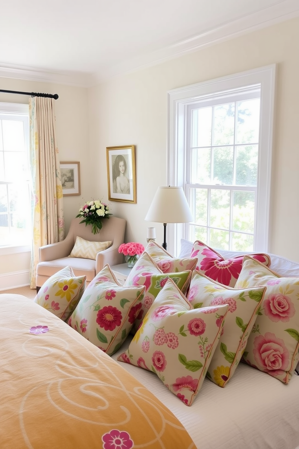 A bright and airy bedroom filled with natural light. The bed is adorned with a mix of patterned throw pillows in vibrant colors, creating a cheerful and inviting atmosphere. The walls are painted in a soft pastel hue, complementing the floral patterns of the pillows. A cozy reading nook is set up by the window, featuring a plush armchair and a small side table adorned with fresh flowers.