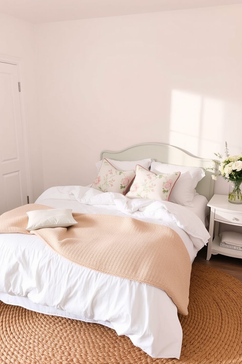 A serene bedroom setting filled with spring vibes. The room features a soft pastel color palette with light green and blush pink accents throughout. A jute area rug lies under the bed, adding warmth and texture to the space. Fluffy white bedding is layered with floral throw pillows, and a delicate floral arrangement sits on the nightstand.