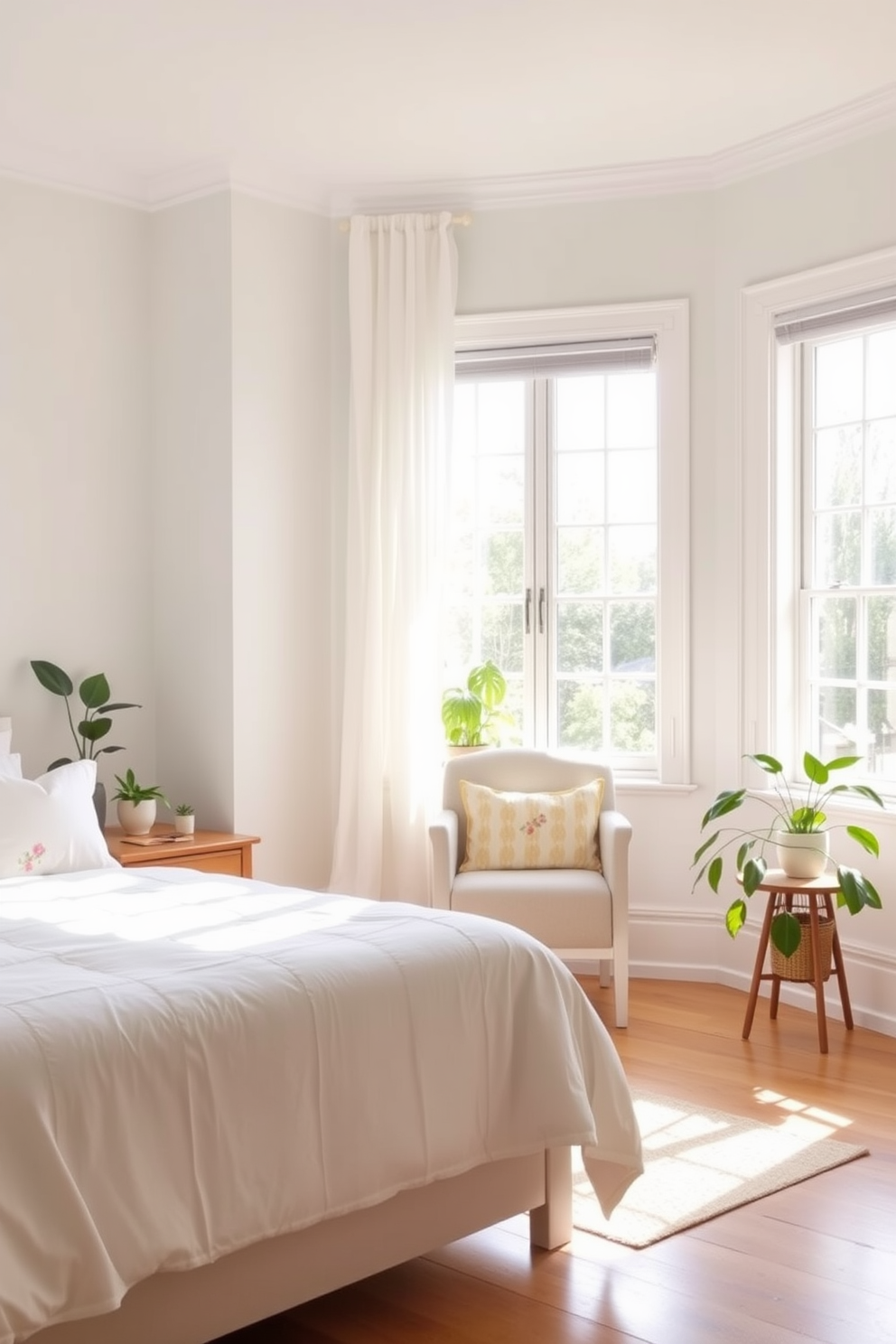 A bright and airy bedroom filled with natural light. Light pastel-colored walls create a serene backdrop, while a soft white bedspread is layered with light floral pillows. A cozy reading nook is set up by the window with a comfortable chair and a small side table. Fresh green plants are placed around the room to bring in a touch of nature and vibrancy.