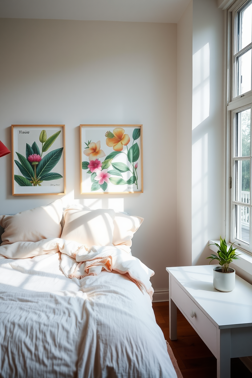 A serene bedroom filled with natural light. The walls are adorned with vibrant botanical prints that bring a touch of nature indoors. A cozy bed is dressed in soft pastel linens, complemented by fluffy pillows. A bedside table holds a small potted plant, adding to the fresh and inviting atmosphere.