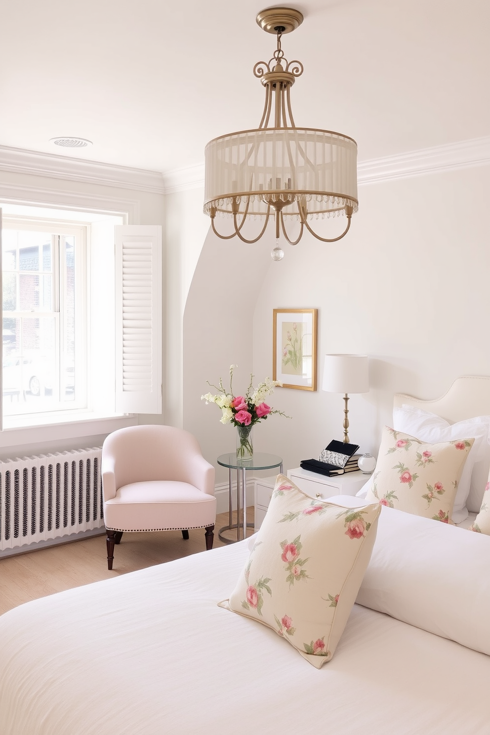 A serene spring bedroom filled with natural light. The walls are painted in a soft pastel hue, complemented by crisp white bedding and decorative pillows in floral patterns. A statement light fixture hangs elegantly from the ceiling, casting a warm glow over the space. A cozy reading nook by the window features a plush armchair and a small side table with a vase of fresh flowers.