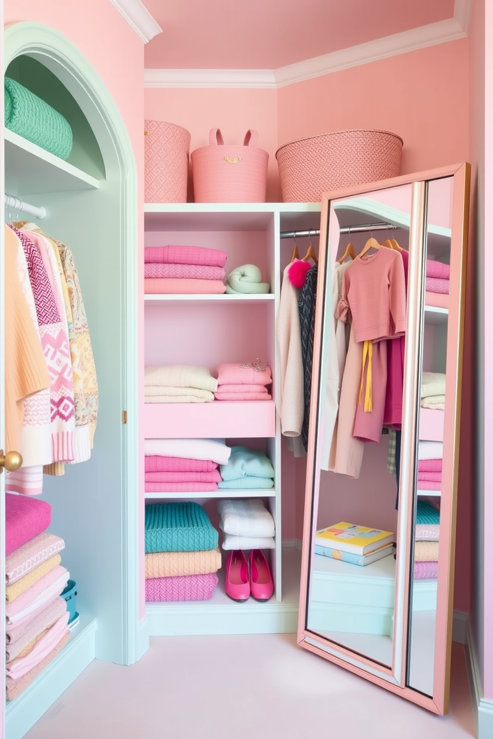 A bright pastel color scheme adorns the walls of a cheerful closet space. Soft pinks, mint greens, and sunny yellows create a harmonious and inviting atmosphere. The closet features organized shelves filled with neatly folded sweaters and colorful accessories. A stylish full-length mirror leans against one wall, reflecting the vibrant decor and enhancing the sense of space.