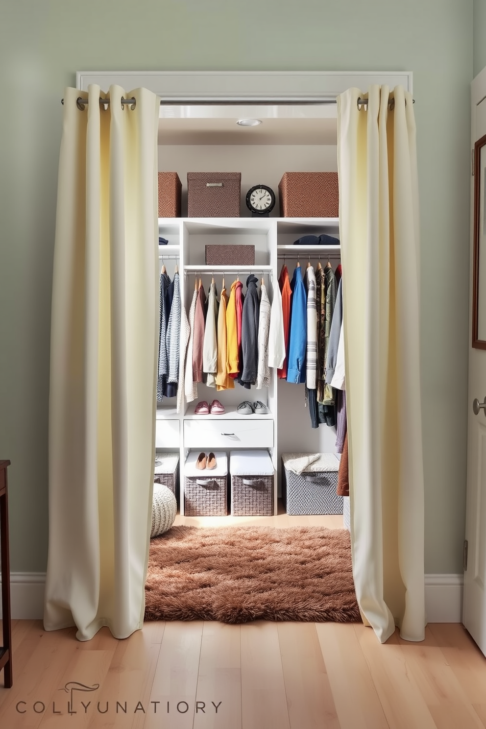 A bright and airy closet space featuring fabric curtains that gently frame the entrance. The walls are painted in a soft pastel hue, and the floor is adorned with a light wood finish. Inside the closet, shelves are neatly organized with seasonal clothing displayed in an inviting manner. Decorative storage bins and a plush area rug add a cozy feel to the overall design.