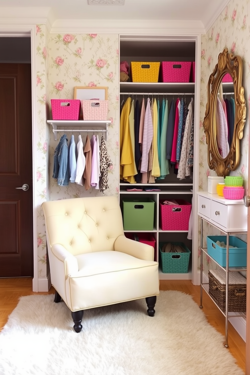 A charming spring closet featuring a small seating area with a plush armchair in pastel colors. The walls are adorned with floral wallpaper, and the floor is covered with a soft area rug, creating a cozy atmosphere. The closet shelves are neatly organized with colorful bins and baskets, while hanging clothes are arranged by color for a visually pleasing effect. A decorative mirror hangs on one wall, reflecting the natural light that floods in through a nearby window.