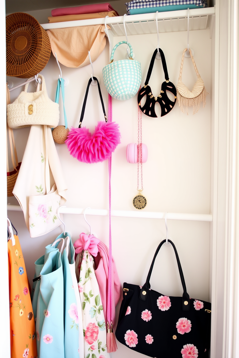 Display seasonal accessories on hooks in a bright and airy closet. Incorporate pastel colors and floral patterns to reflect the essence of spring.