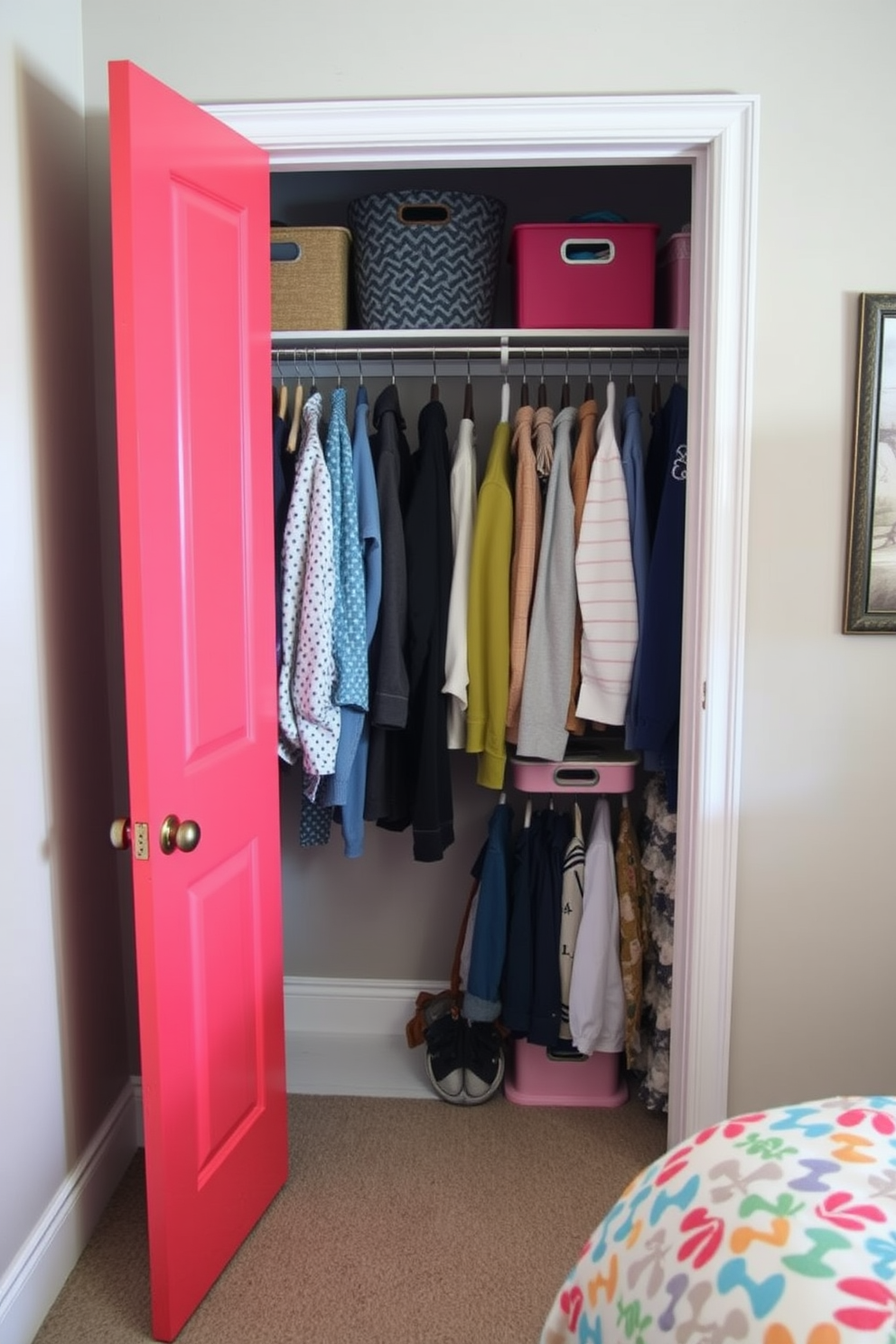 A vibrant closet door painted in a cheerful coral hue stands out against the neutral walls of the room. Inside the closet, shelves are organized with pastel-colored bins and seasonal clothing neatly arranged for easy access.