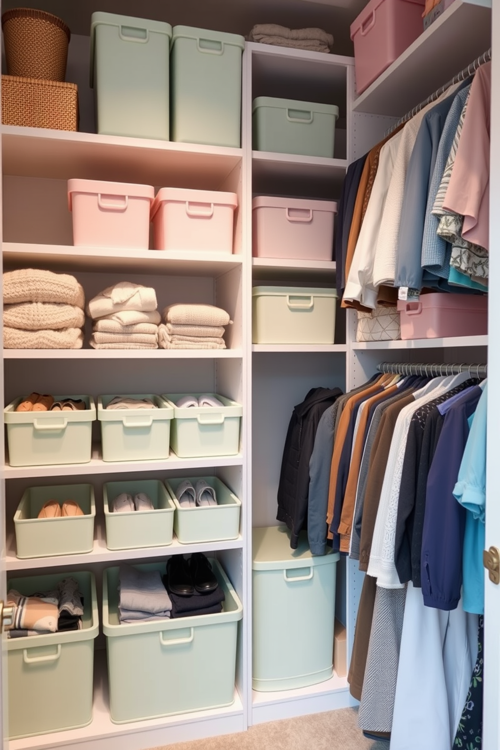 A spring-inspired closet featuring tall shelves that maximize vertical space. The shelves are filled with neatly arranged pastel-colored bins and seasonal clothing, creating an organized and airy feel.