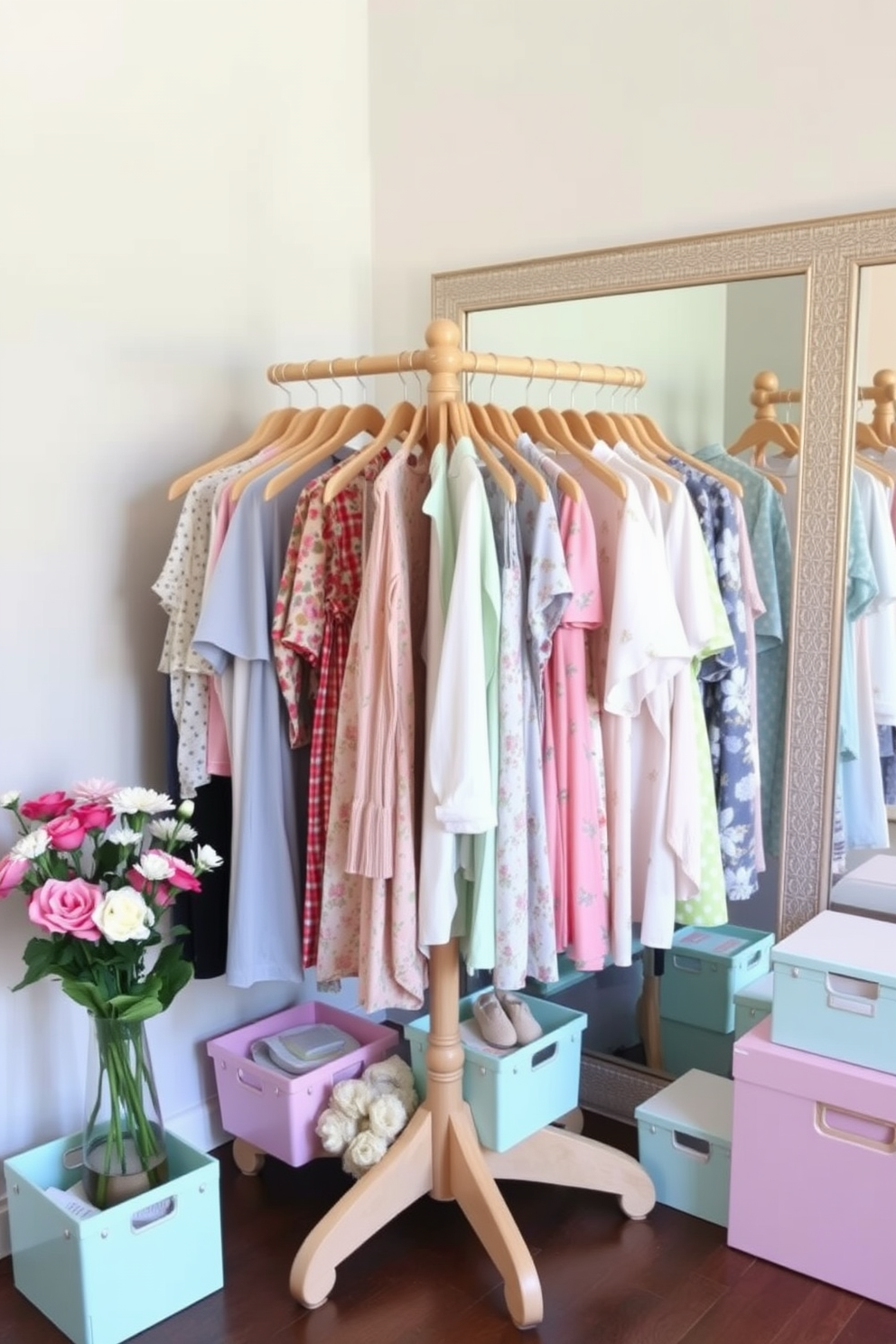 A stylish rotating clothing rack designed for a spring closet. The rack is made of light wood with a natural finish, showcasing a variety of pastel-colored garments and floral patterns. Surrounding the rack are decorative storage boxes in soft pink and mint green. Fresh flowers in a vase add a vibrant touch, while a large mirror reflects the cheerful spring ambiance.