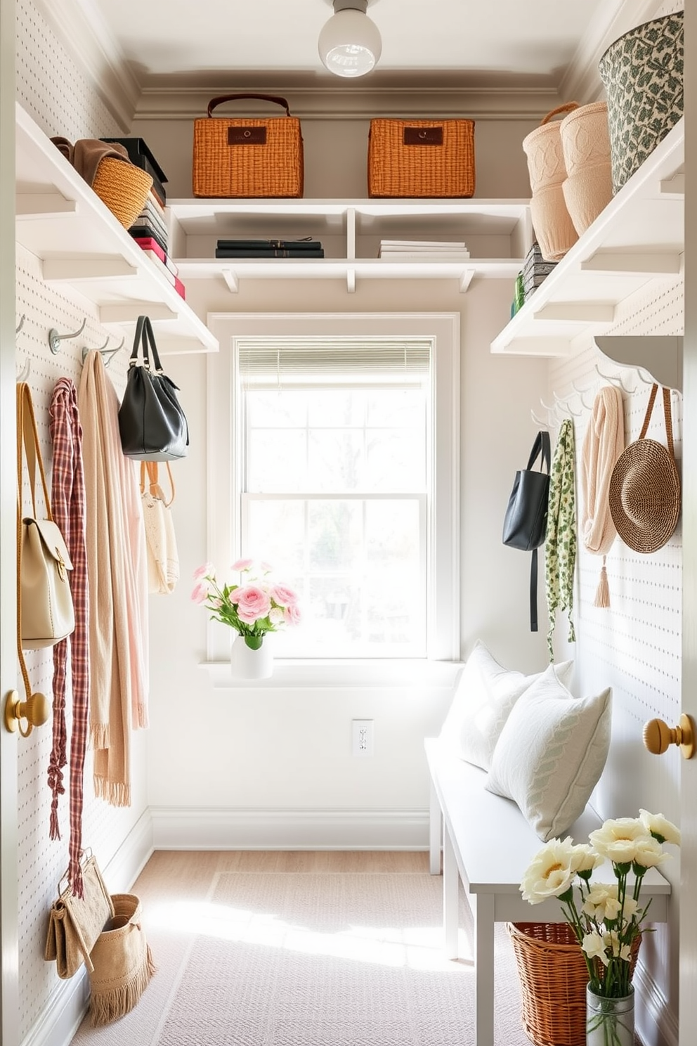 A fresh and inviting spring closet filled with organized accessories. The walls are lined with a pegboard painted in pastel colors, showcasing neatly arranged hooks and shelves for bags, scarves, and hats. Natural light floods the space through a window, illuminating a stylish bench for seating. Soft floral accents in the decor bring a touch of springtime cheer to the overall design.