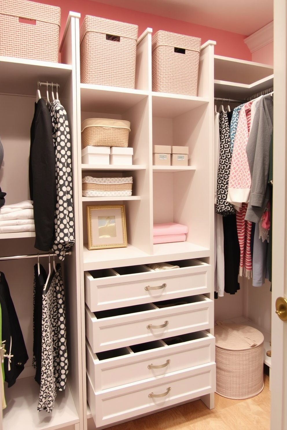 A stylish closet space features custom-built shelving and drawer dividers for neat organization. Soft pastel colors adorn the walls, creating a fresh and inviting atmosphere for spring.