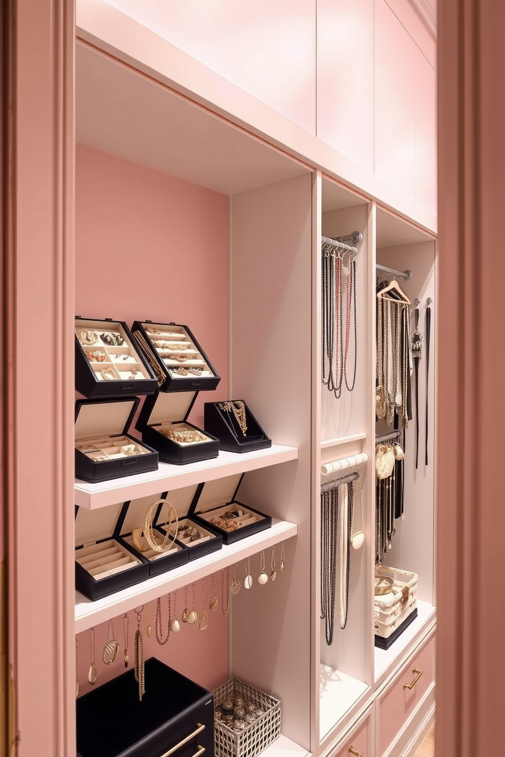 A stylish spring closet featuring a jewelry organizer display. The walls are painted in a soft pastel color, and the shelves are lined with neatly organized jewelry boxes and elegant hanging displays.