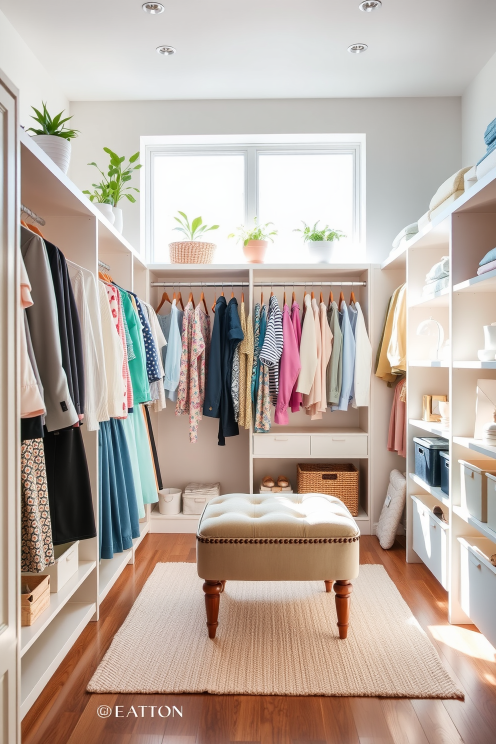 A bright and airy closet space filled with natural light. The shelves are lined with neatly arranged clothing and accessories, while small potted plants add a touch of greenery on the top shelf. Soft pastel colors dominate the decor, creating a fresh and inviting atmosphere. A stylish ottoman sits in the center, providing a cozy spot to sit while getting dressed.