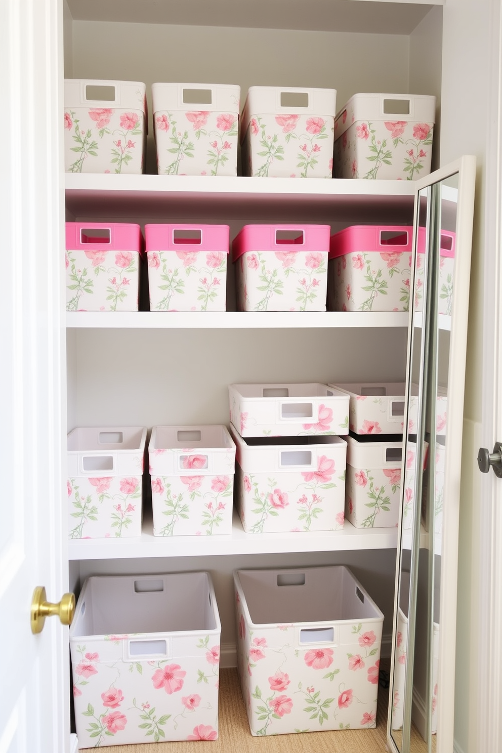 A bright and airy spring closet filled with floral patterned storage bins that add a touch of whimsy. The bins are neatly arranged on shelves, showcasing vibrant colors and delicate flower designs that complement the fresh, seasonal vibe. Soft pastel hues adorn the walls, creating a serene backdrop for the organized space. A stylish full-length mirror leans against one side, reflecting the cheerful decor and enhancing the lightness of the closet.