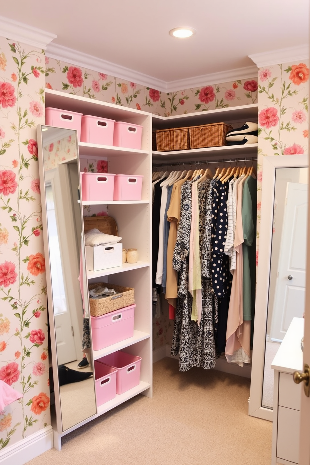 A stylish spring closet featuring floral wallpaper that adds a vibrant touch to the space. The shelves are neatly organized with pastel-colored bins and hangers displaying a curated selection of seasonal clothing. A full-length mirror is positioned against one wall, reflecting the cheerful decor. Soft lighting illuminates the closet, creating an inviting atmosphere perfect for spring fashion.