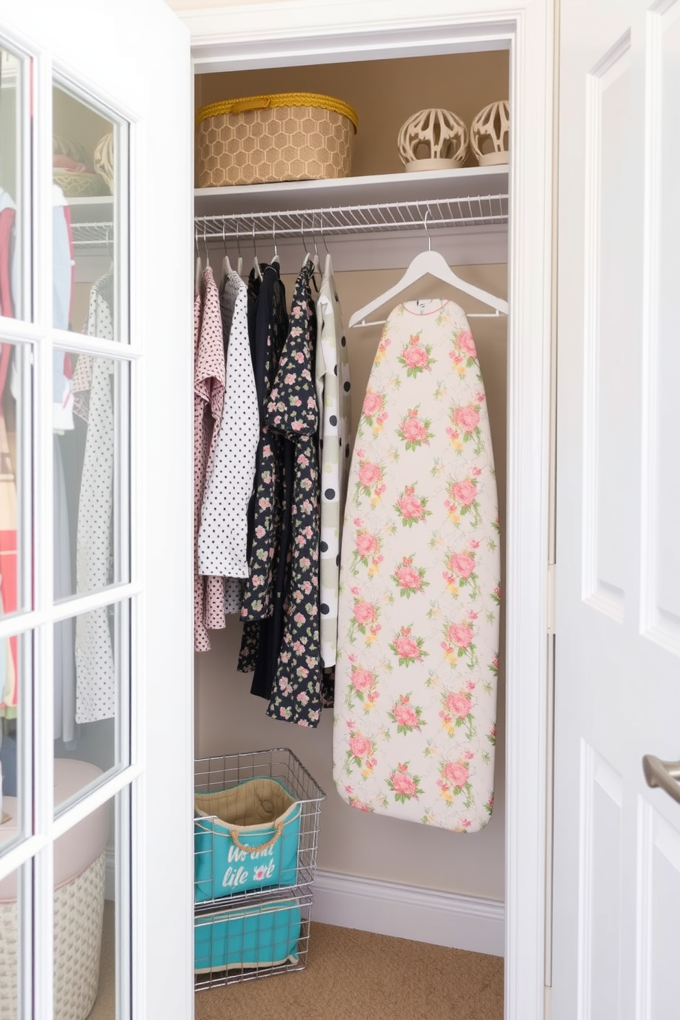 A stylish and organized spring closet featuring a foldable ironing board neatly tucked away when not in use. The closet is adorned with soft pastel colors and floral patterns, creating a fresh and inviting atmosphere.