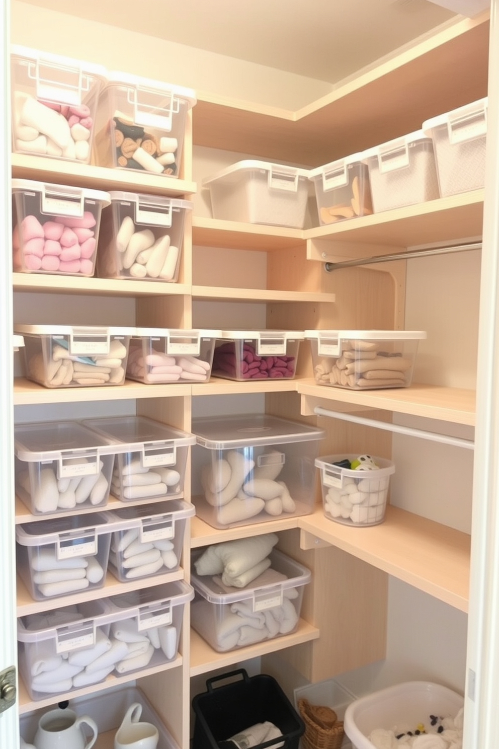 A bright and organized closet space featuring clear bins that allow for easy visibility of contents. The walls are painted in a soft pastel color, and the shelving is made of light wood to create a warm and inviting atmosphere.