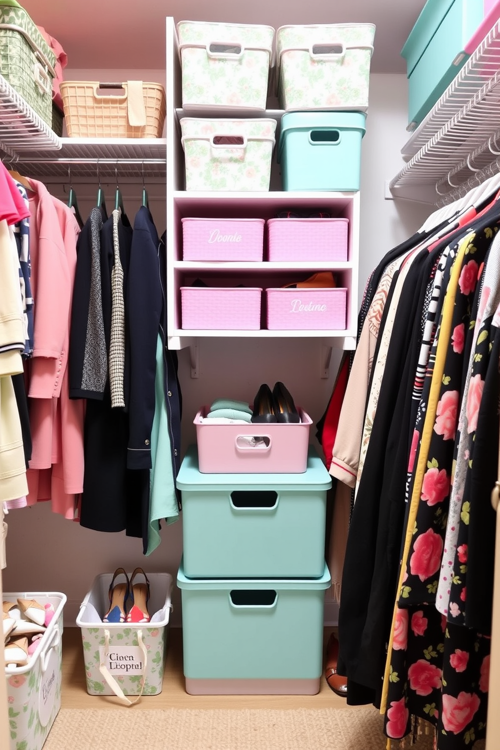 Create a color-coded clothing system for a spring closet. The closet features soft pastel shades and vibrant floral patterns to inspire a fresh and lively atmosphere. Incorporate adjustable shelving and hanging rods to maximize space and organization. Use decorative bins and labels to neatly store accessories and seasonal items.