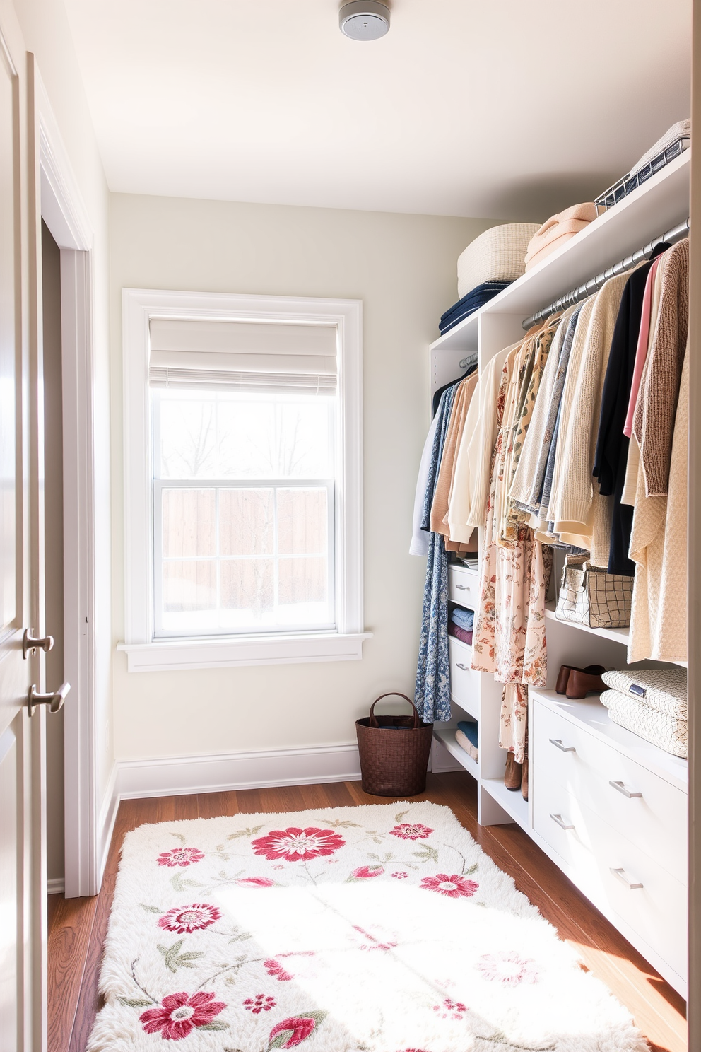 A bright and airy closet space designed for spring. The walls are painted in a soft pastel hue, and natural light floods in through a large window, illuminating the carefully arranged clothing and accessories. A plush accent rug in a floral pattern adds comfort underfoot, inviting you to step inside. Shelves lined with neatly folded sweaters and hanging space for dresses create an organized and inviting atmosphere.