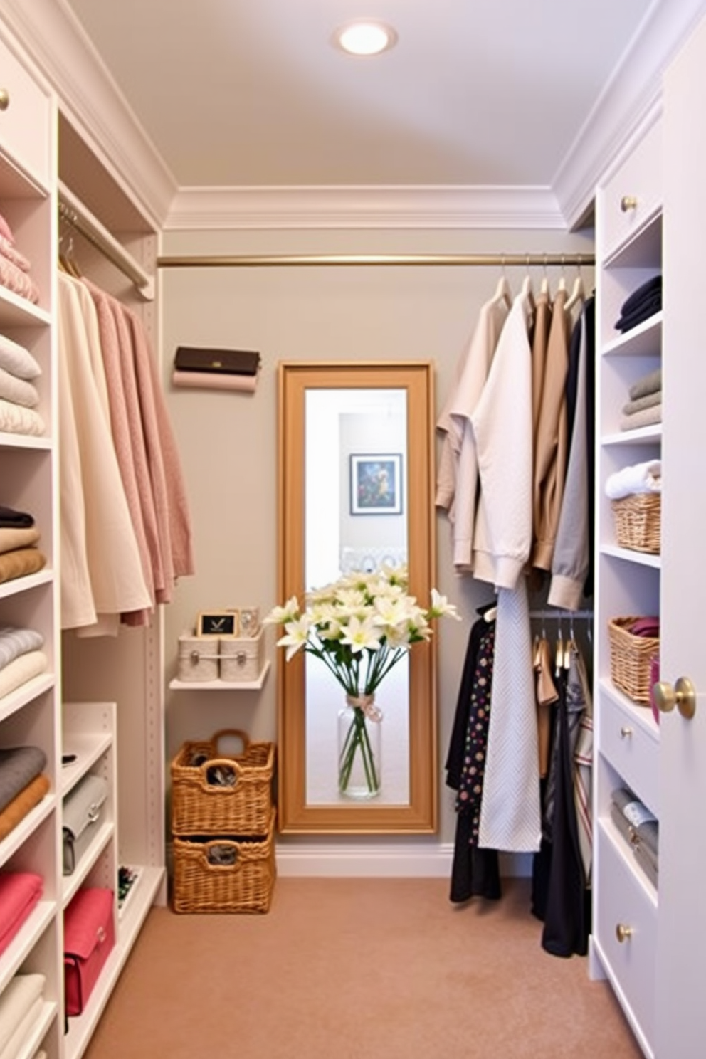 A stylish spring closet design features a pull-down clothes rod that maximizes vertical space. The walls are adorned with soft pastel colors, and the shelves are organized with neatly folded sweaters and seasonal accessories. In the center, a full-length mirror reflects the bright ambiance, while decorative baskets hold shoes and bags. Fresh flowers in a small vase add a touch of spring elegance to the overall look.