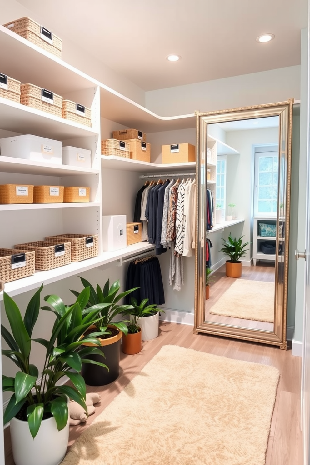 A bright and airy closet space featuring open shelving with decorative labels for storage clarity. The walls are painted in soft pastel hues, and there are stylish baskets and boxes neatly arranged to enhance organization. A full-length mirror is positioned against one wall, reflecting the well-organized shelves. A chic rug adds warmth to the floor, while potted plants bring a touch of nature into the space.