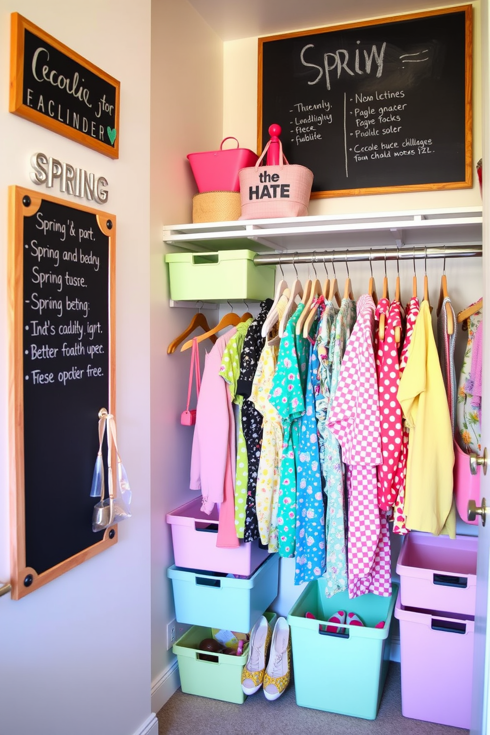 A stylish closet space featuring a large chalkboard mounted on the wall for notes and reminders. The closet is organized with pastel-colored bins and hangers, showcasing a vibrant array of spring clothing and accessories.