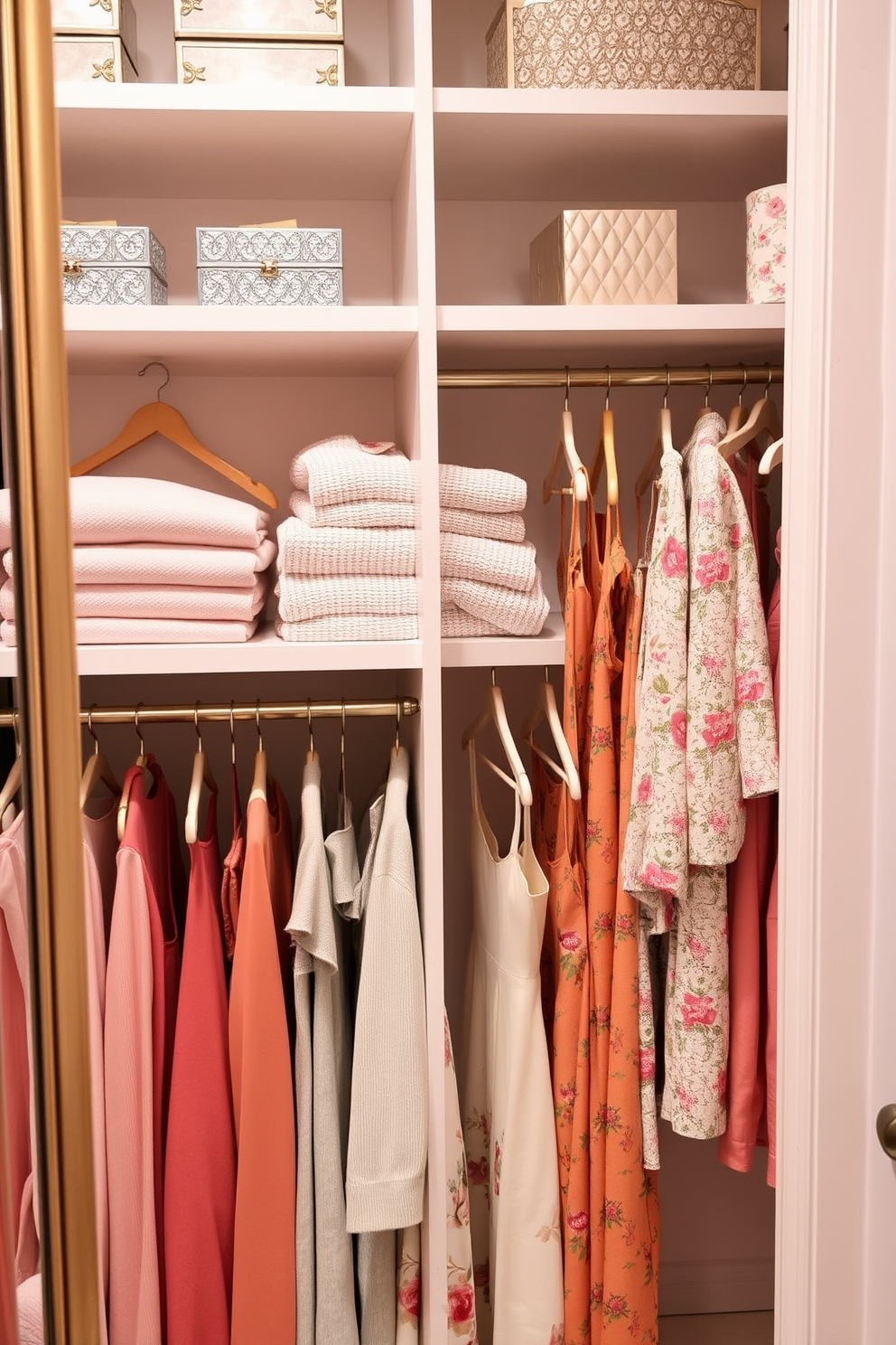 A stylish spring closet featuring soft pastel colors and floral patterns. The shelves are adorned with metallic accents, including gold hangers and silver decorative boxes. The closet is organized with neatly folded sweaters and hanging dresses that showcase vibrant spring hues. A full-length mirror with a metallic frame reflects the elegant arrangement, creating an inviting and fresh atmosphere.