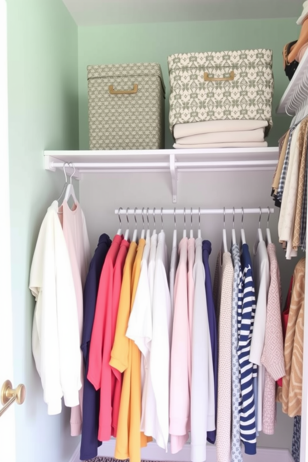 A bright and airy closet space designed for spring. The walls are painted in a soft pastel hue and the shelves are filled with neatly arranged seasonal clothing. Matching hangers are used throughout to create a cohesive look. Decorative storage bins are placed on the upper shelves to keep accessories organized and out of sight.