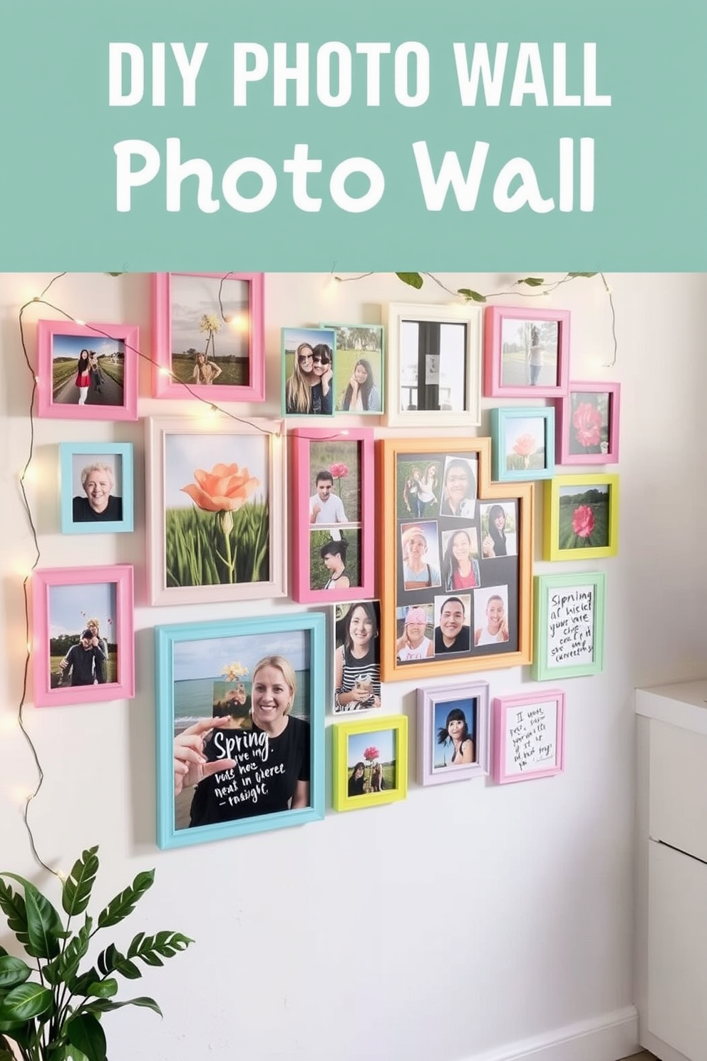 Create a DIY photo wall featuring a collage of vibrant spring-themed images. Use a mix of frames in pastel colors and arrange them in an organic pattern on a light-colored wall. Incorporate decorative elements like string lights and greenery to enhance the visual appeal. Add personal touches with handwritten quotes or notes to make the display uniquely yours.