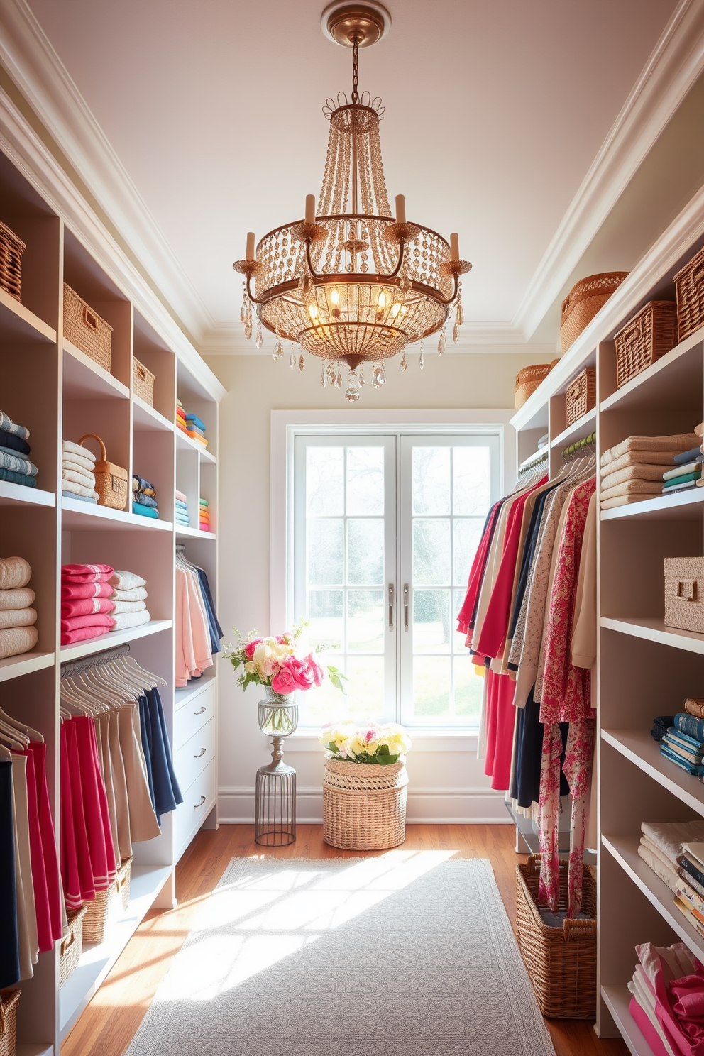 A bright and airy spring closet filled with natural light. The walls are painted in a soft pastel color, and the shelves are adorned with neatly organized seasonal clothing in vibrant hues. A statement chandelier hangs from the ceiling, adding an element of elegance to the space. Decorative baskets and floral accents are placed strategically to enhance the springtime feel.