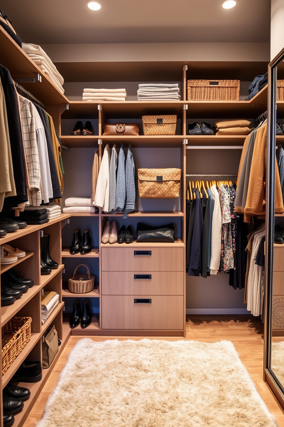 A stylish closet featuring adjustable shelving for versatility. The shelves are neatly organized with a mix of shoes, bags, and folded clothes, allowing for easy access and customization. Incorporate decorative elements such as woven baskets and stylish hangers to enhance the aesthetic. A soft rug underfoot adds warmth, while a full-length mirror reflects the organized space.