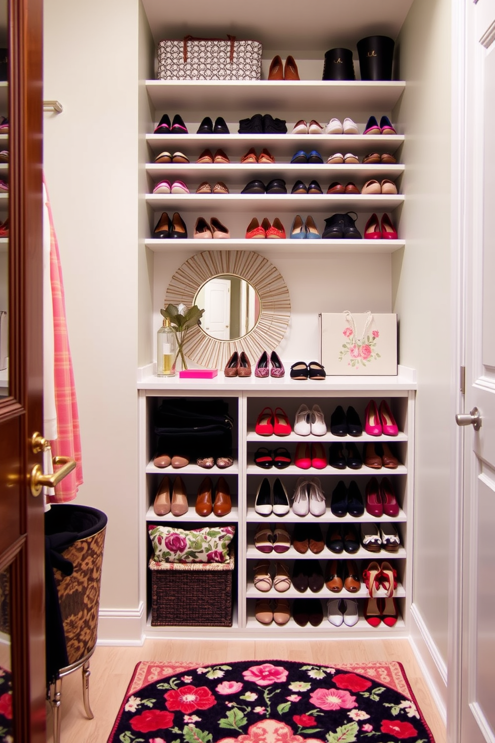 A dedicated shoe display area features custom shelving that showcases an array of stylish footwear. The walls are painted in a soft pastel hue, creating a bright and inviting atmosphere. Spring closet decorating ideas include incorporating seasonal colors and floral patterns into storage solutions. A statement piece, such as a decorative mirror or a vibrant rug, adds personality while keeping the space organized.