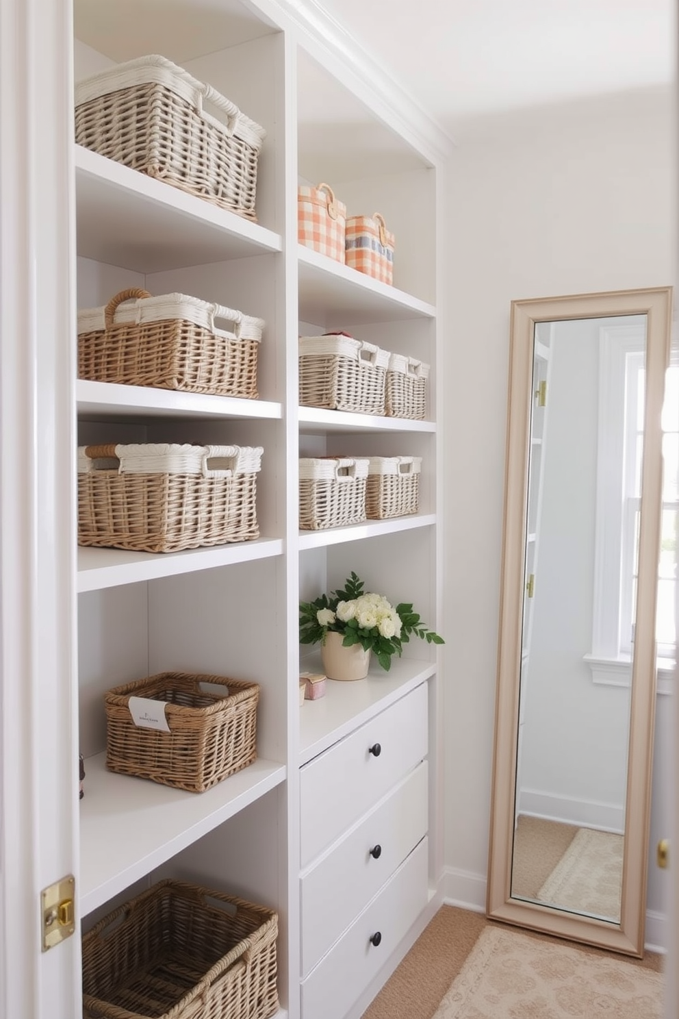 A bright and airy closet space designed for spring. Decorative baskets in pastel colors are neatly arranged on shelves to store small items while adding a touch of charm. The walls are painted in a soft white hue, creating a fresh backdrop. A large mirror reflects the natural light coming from a nearby window, enhancing the open feel of the space.