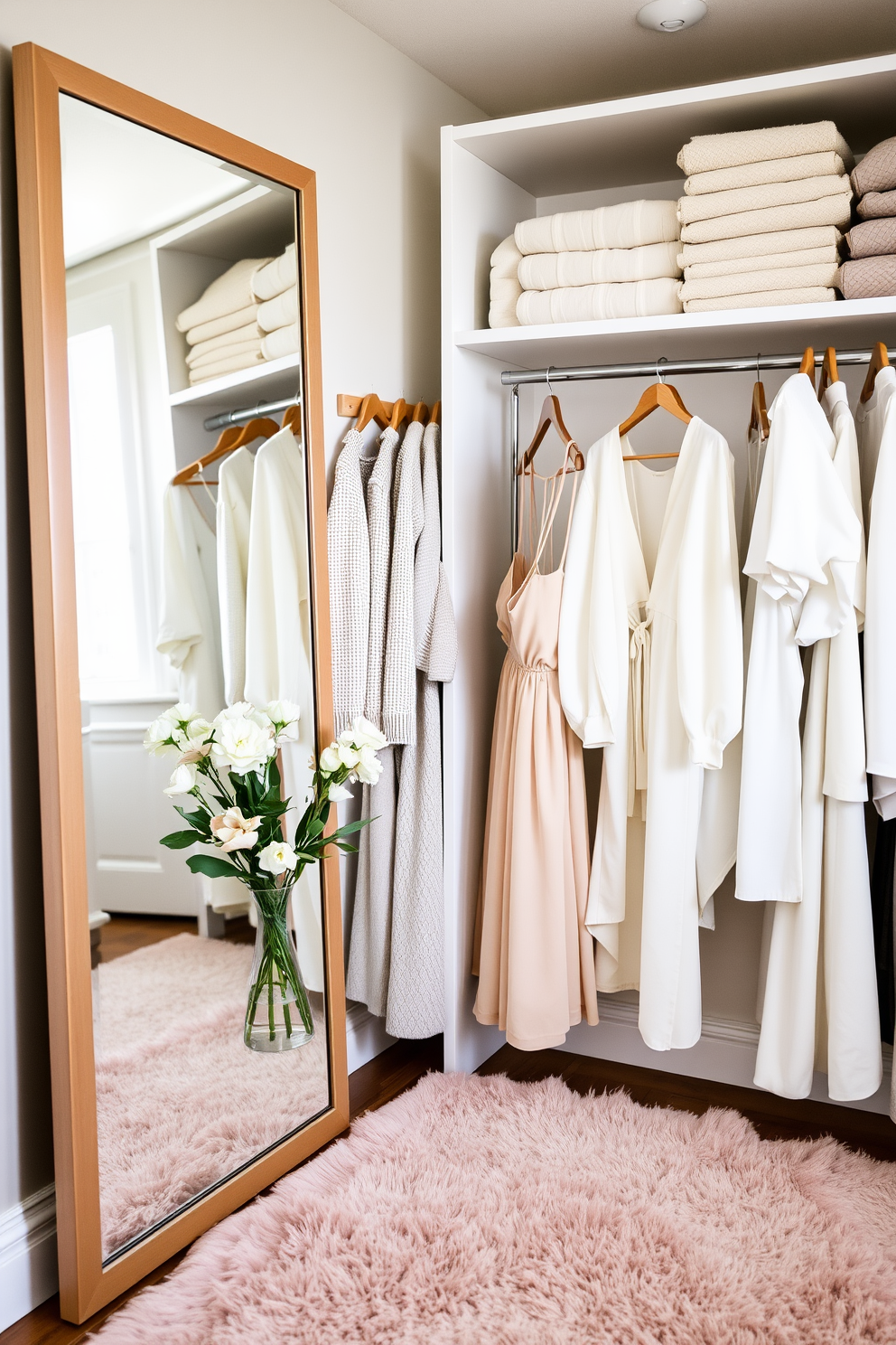 A stylish spring closet featuring a full-length mirror that reflects the room's natural light. The shelves are adorned with pastel-colored storage boxes and neatly folded sweaters, creating an organized and inviting atmosphere. Hanging from elegant wooden hangers are light, airy dresses and tailored blouses, showcasing a seasonal color palette. A plush area rug in soft hues adds warmth to the space, while fresh flowers in a vase bring a touch of nature indoors.