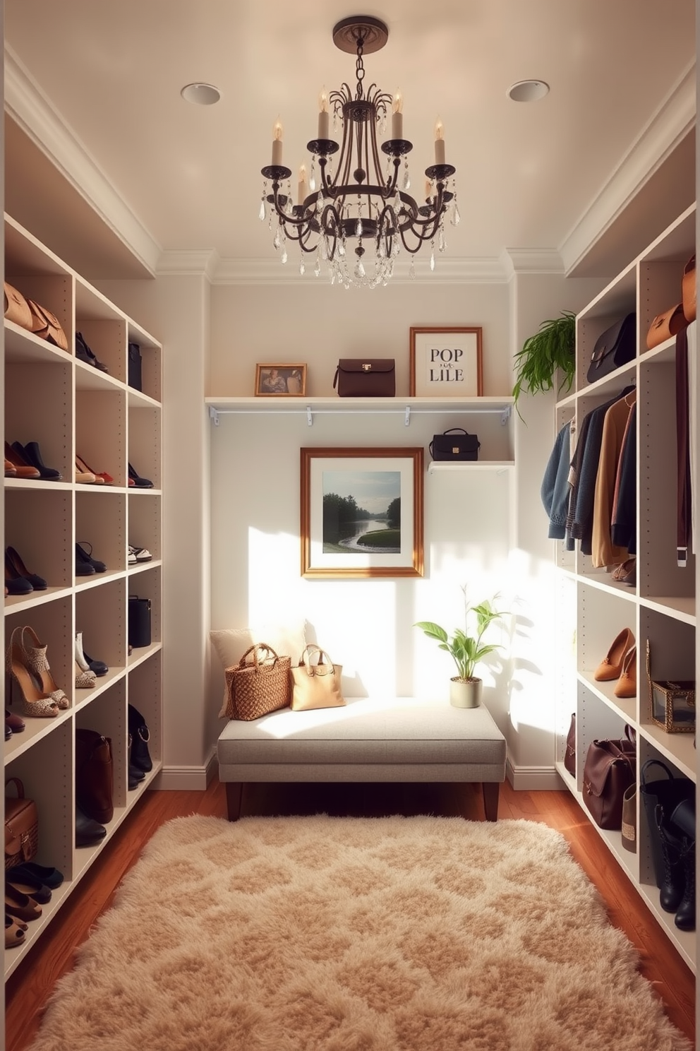 A bright and airy closet space with open shelving displaying neatly arranged shoes and handbags. The walls are painted in a soft pastel color, and a plush area rug adds comfort underfoot. Incorporate soft lighting from recessed fixtures and a stylish chandelier to create a warm ambiance. Decorative elements like potted plants and framed artwork enhance the inviting atmosphere.