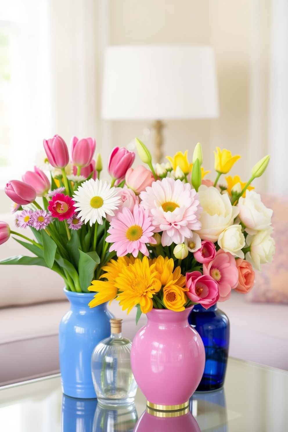 Fresh flowers in vibrant vases bring a lively touch to any spring decor. Arrange a mix of tulips, daisies, and peonies in colorful ceramic or glass vases for a cheerful display. Incorporate pastel colors and light fabrics to enhance the spring theme. Use soft throw pillows and light curtains to create an inviting and fresh atmosphere.