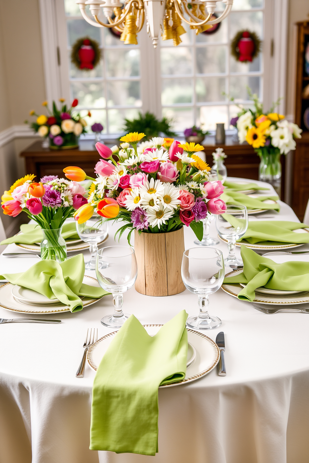 A charming spring-themed table setting adorned with an array of fresh flowers in vibrant colors. The table is elegantly dressed with a light pastel tablecloth and complemented by delicate china plates and sparkling glassware. Centerpieces feature a mix of tulips, daisies, and peonies arranged in a rustic wooden vase. Soft green napkins are neatly folded beside each plate, adding a touch of freshness to the overall decor.