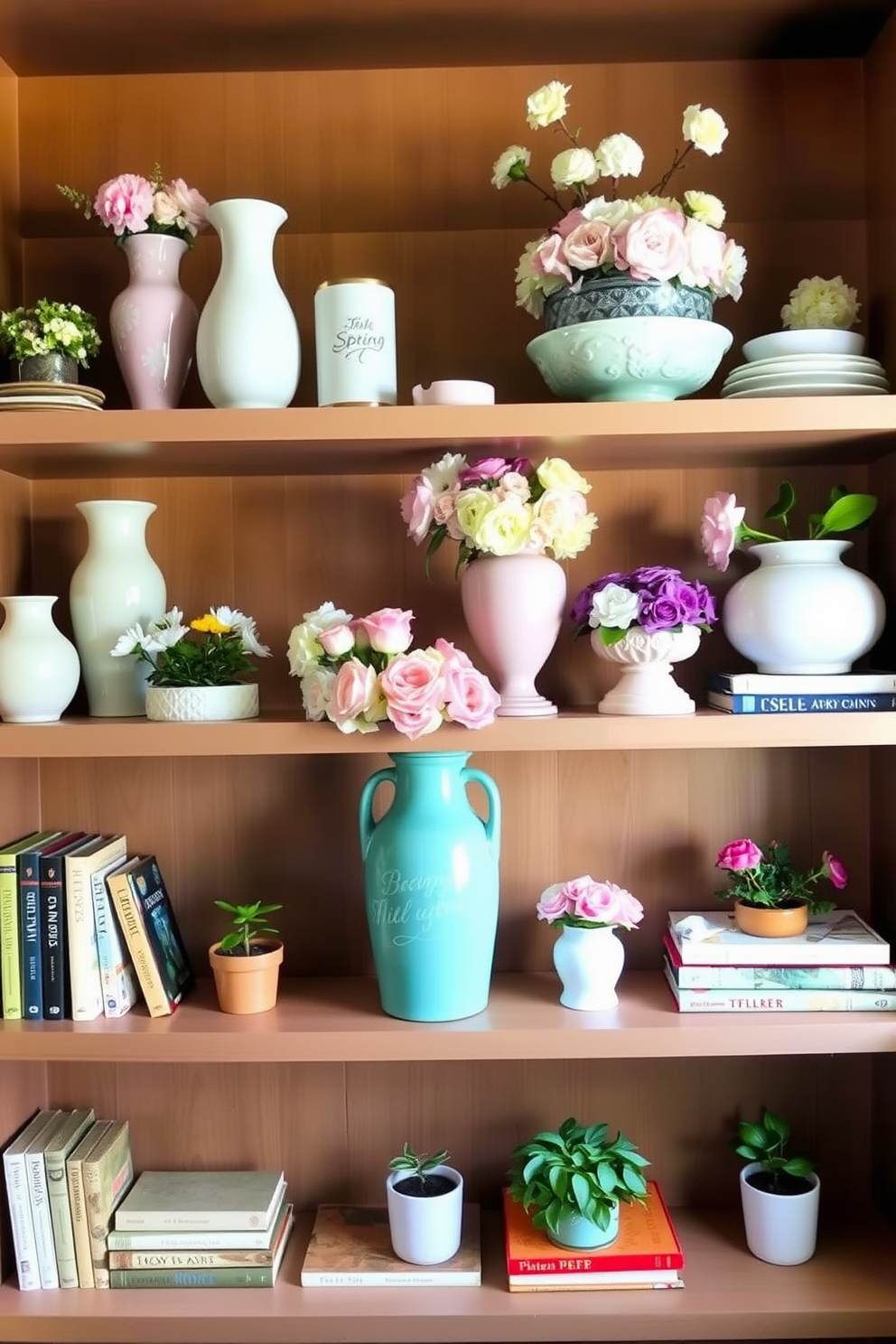 Open shelving styled with spring decor features a variety of pastel-colored vases and decorative bowls filled with fresh flowers. The shelves are arranged with seasonal books and small potted plants, creating a bright and inviting atmosphere.