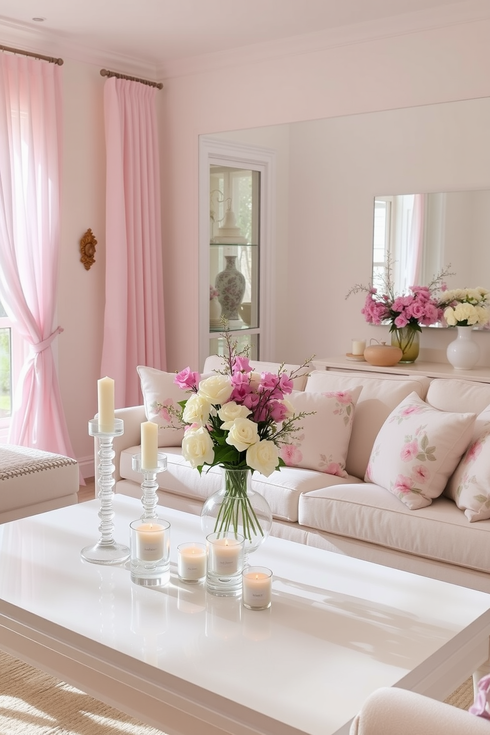 A bright and airy living room filled with refreshing scents from floral candles. The space features a pastel color palette with soft pink and lavender accents, complemented by light, sheer curtains that flutter gently in the breeze. A large coffee table is adorned with an arrangement of fresh flowers and decorative candles in elegant glass holders. Plush throw pillows in floral patterns are scattered across the cozy sofa, inviting relaxation and a sense of springtime joy.