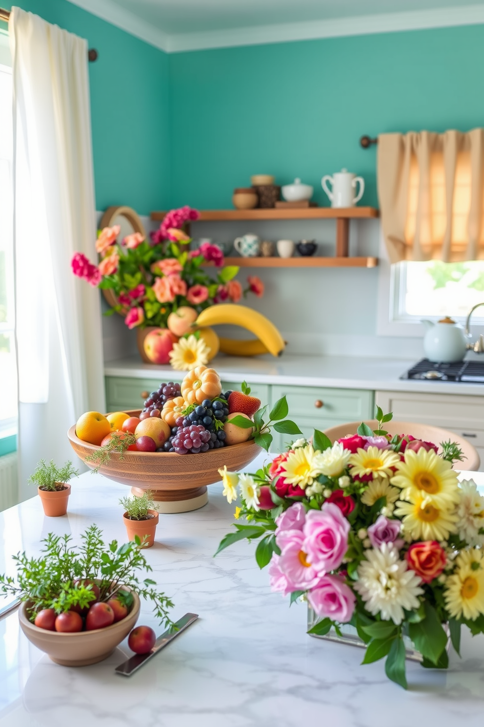 Artistic arrangements of seasonal fruits in a vibrant kitchen setting. A large wooden bowl filled with colorful fruits sits on a white marble countertop, surrounded by fresh herbs in small pots. Spring decorating ideas include a cheerful floral centerpiece on the dining table. Soft pastel colors adorn the tableware, and light curtains gently flutter in the breeze from an open window.