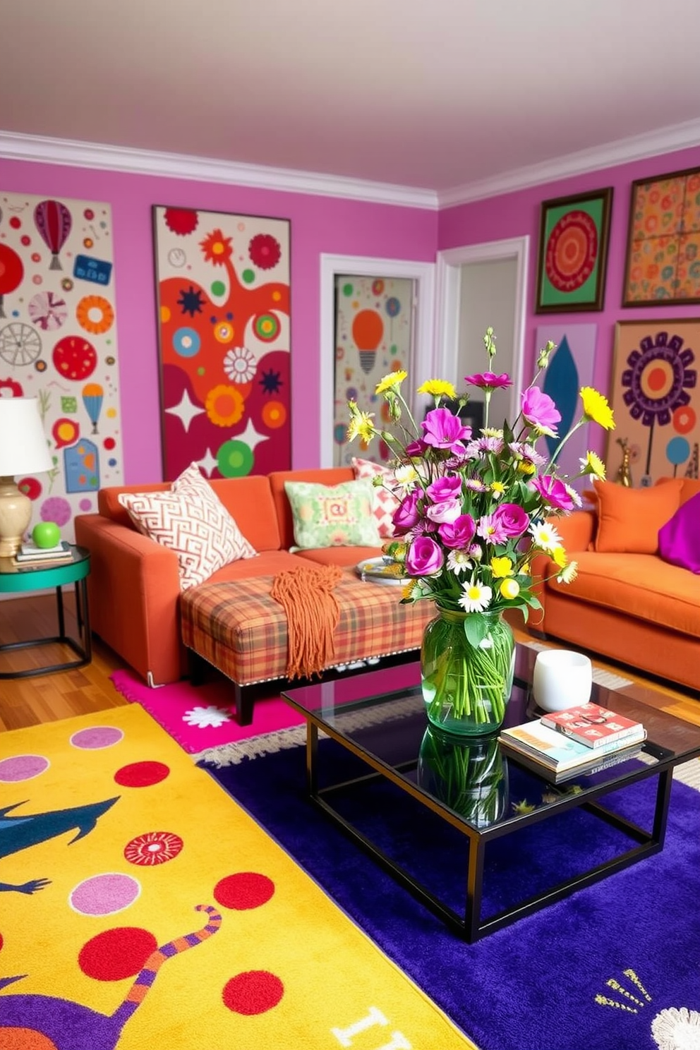 A vibrant living room filled with playful prints on area rugs. The rugs feature bold colors and whimsical patterns, adding a fun touch to the space. Brightly colored cushions and throws complement the rugs, creating a cheerful atmosphere. Fresh flowers in a large vase sit on a coffee table, enhancing the spring decor theme.