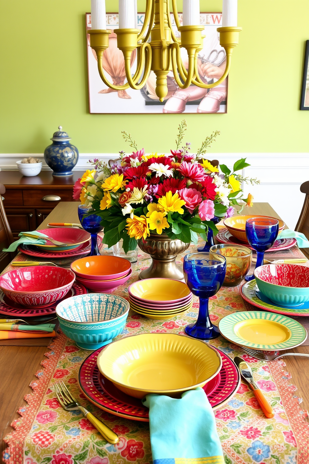 A vibrant dining table setting adorned with an array of colorful dishes in various patterns and textures. The table is dressed with a fresh floral centerpiece, bringing a lively touch to the spring atmosphere. Brightly colored plates and bowls are artfully arranged, showcasing a delightful mix of hues and designs. Complementing the tableware, cheerful napkins and glassware add to the festive spring decor.