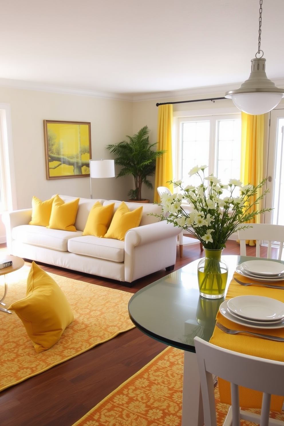 A bright and cheerful living room filled with sunshine yellow accents. The sofa features vibrant yellow throw pillows, and a matching area rug adds warmth to the space. In the dining area, a yellow table runner complements white dishware on the table. Fresh flowers in a yellow vase bring a touch of spring to the atmosphere.